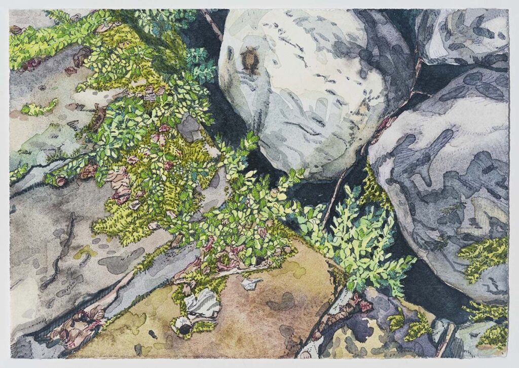 Dara Engler&nbsp;• <em>Well</em>&nbsp;• Watercolor, embroidery, and colored pen on paper&nbsp;• 10″×&nbsp;7″&nbsp;• $700.00