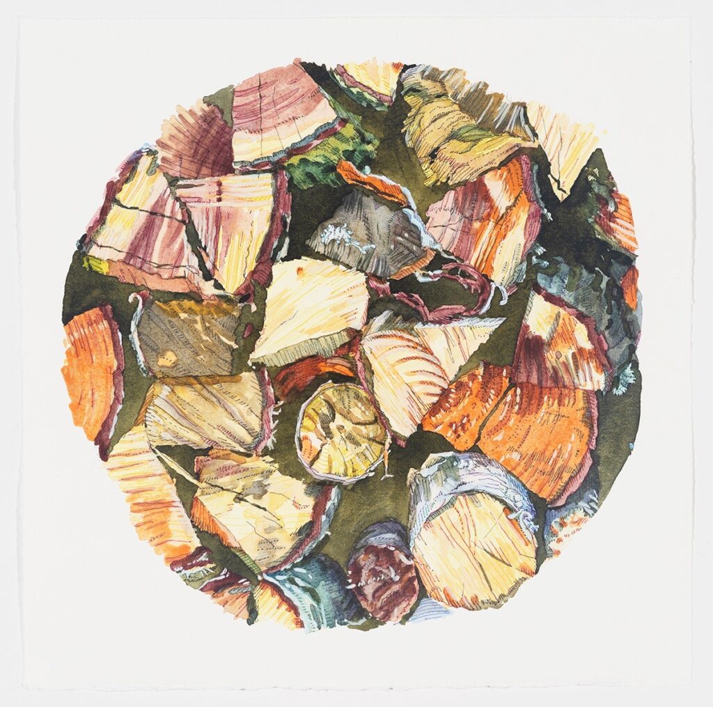 Dara Engler&nbsp;• <em>Woodpile 2</em>&nbsp;• Watercolor and colored pen on paper&nbsp;• 14″×&nbsp;14″&nbsp;• $800.00