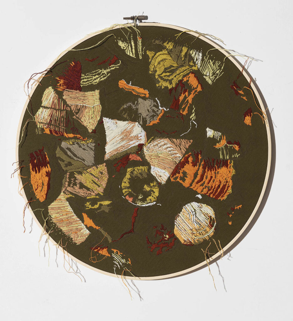 Dara Engler&nbsp;• <em>Woodpile</em>&nbsp;• Embroidery on fabric&nbsp;• 14″×&nbsp;14″&nbsp;• $1,800.00