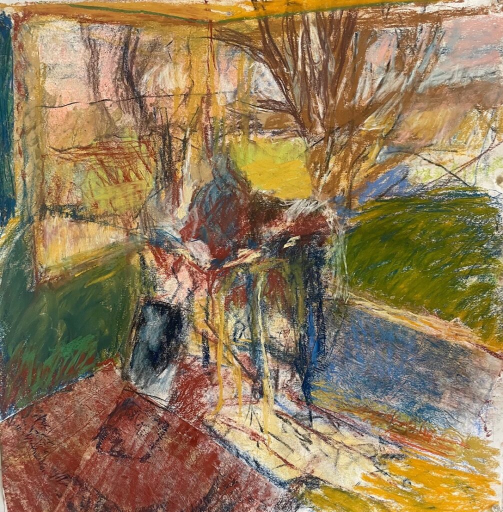 Karen Gilman&nbsp;• <em>Spring Diagonal</em>&nbsp;• Pastel, collage/paper&nbsp;• 22″×&nbsp;22″&nbsp;• $675.00