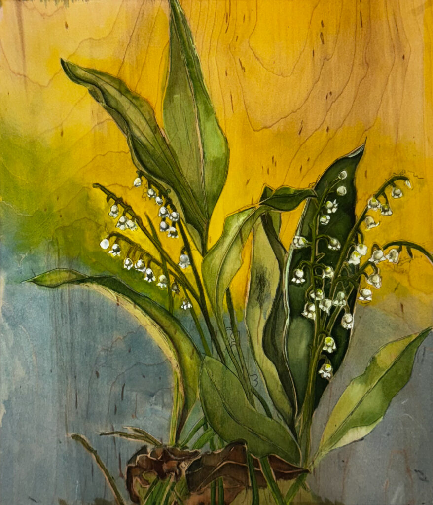 Patricia Hunsinger&nbsp;• <em>Many Sweet and Fragrant Grow 1</em>&nbsp;• Watercolor on maple wood with wax varnish&nbsp;• 11″×&nbsp;14″&nbsp;• $350.00