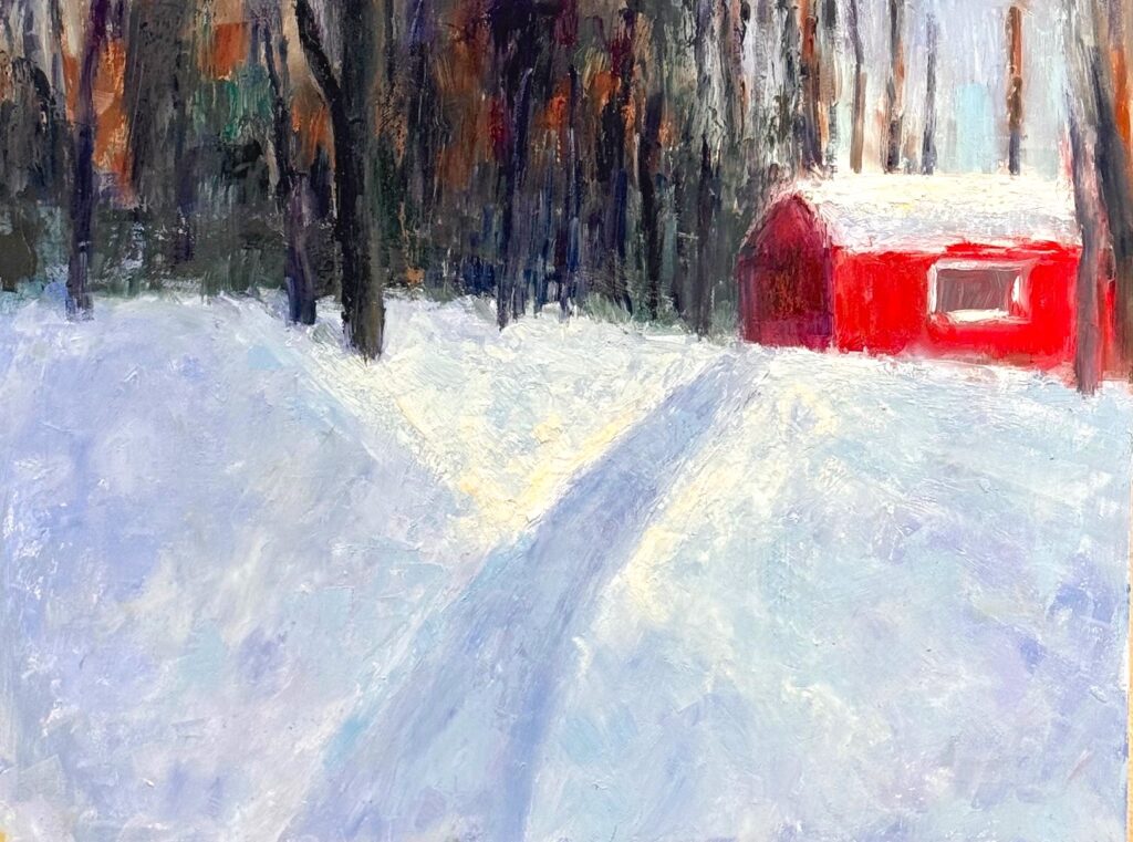 Ileen Kaplan&nbsp;• <em>Snow on the Red Cottage</em>&nbsp;• Oil on panel&nbsp;• 16″×&nbsp;12″&nbsp;• $775.00