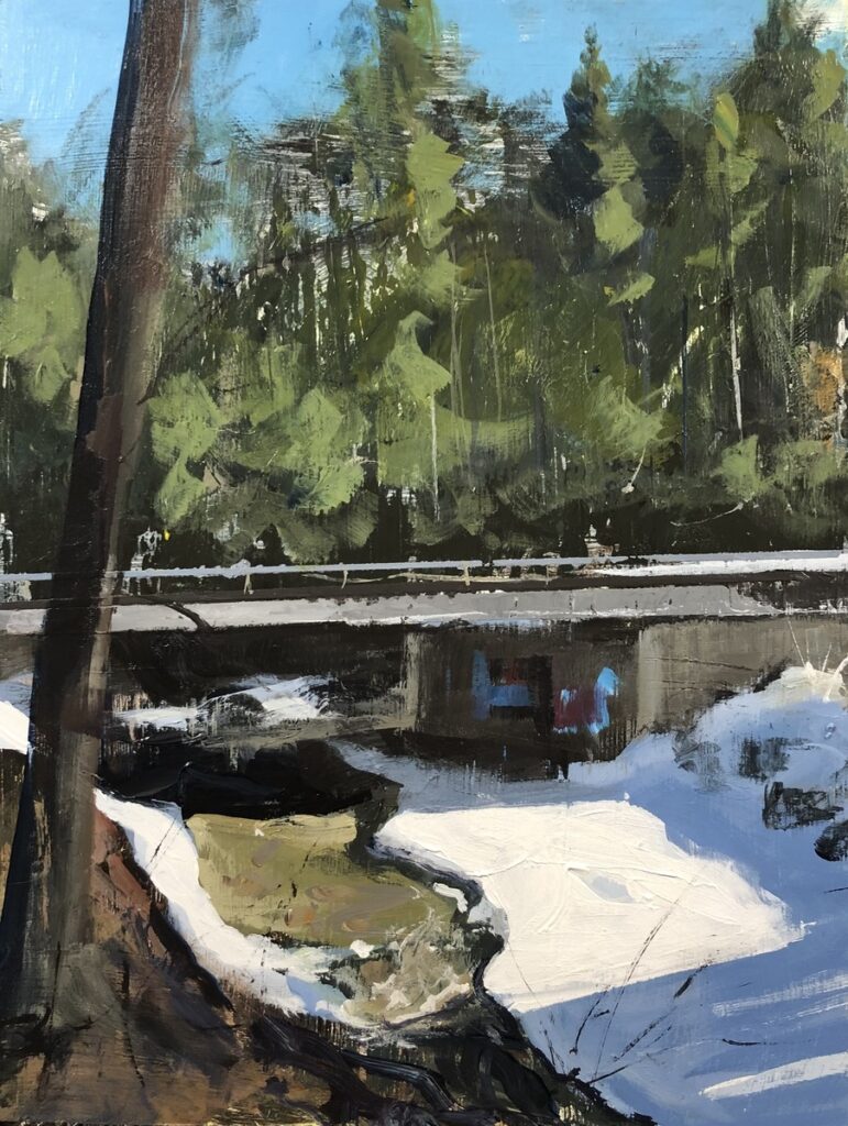 Austin MacRae&nbsp;• <em>Warm Patch</em>&nbsp;• Acrylic on masonite&nbsp;• 9″×&nbsp;12″&nbsp;• $350.00