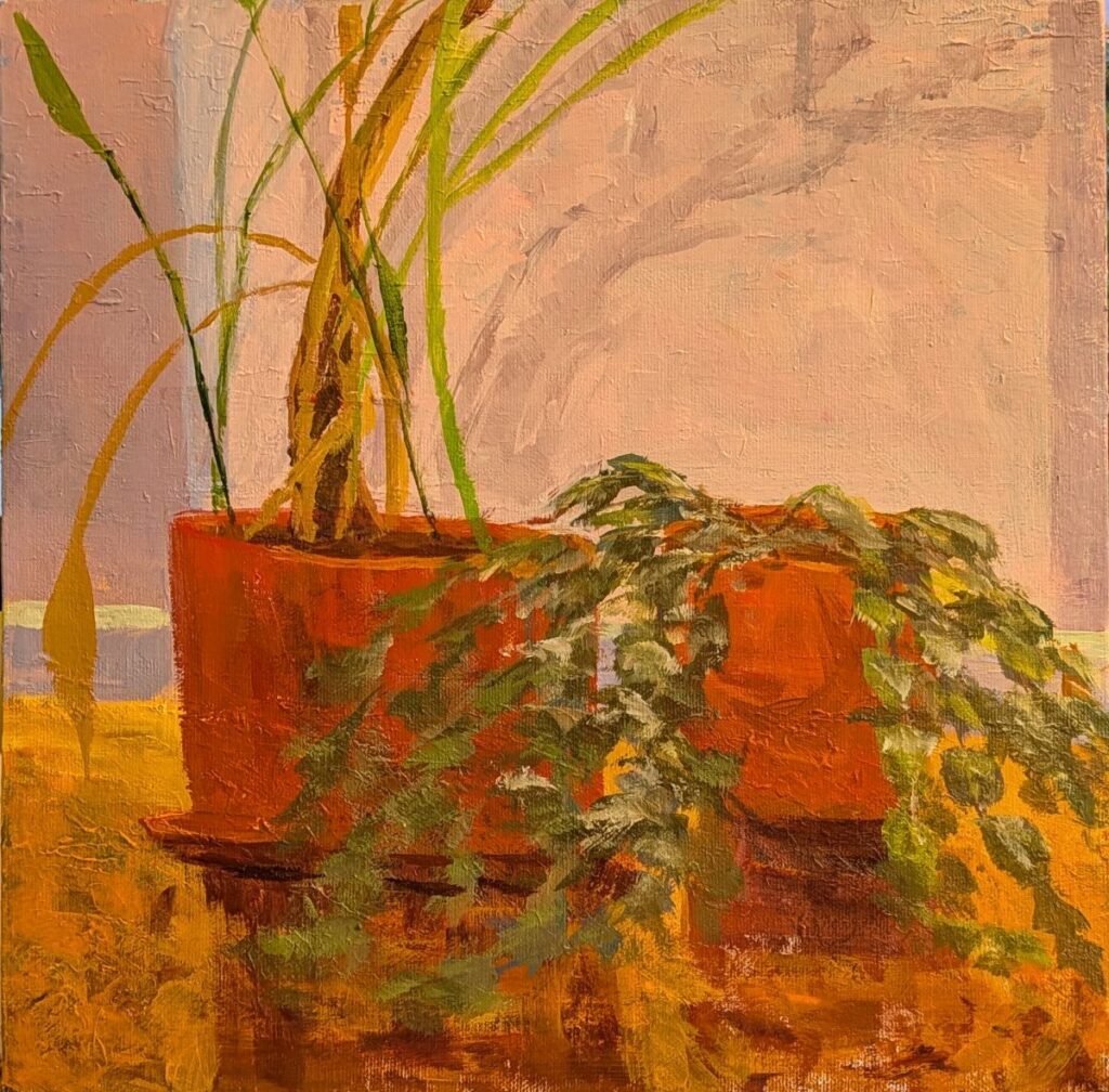 Diana Ozolins&nbsp;• <em>Calla Lily, Money Plant, and Thanksgiving Cactus</em>&nbsp;• Acrylic on canvas&nbsp;• 12″×&nbsp;12″&nbsp;• $500.00