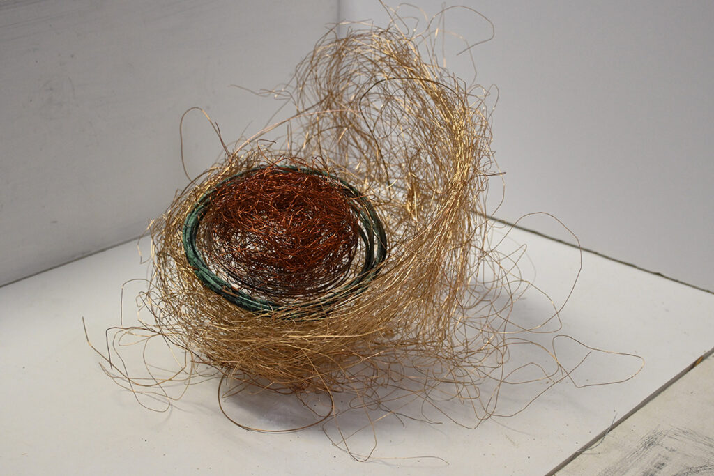 Ann Reichlin&nbsp;• <em>Fragile Motion A</em>&nbsp;• Copper wire&nbsp;• 9″×&nbsp;9″×&nbsp;9″&nbsp;• $500.00