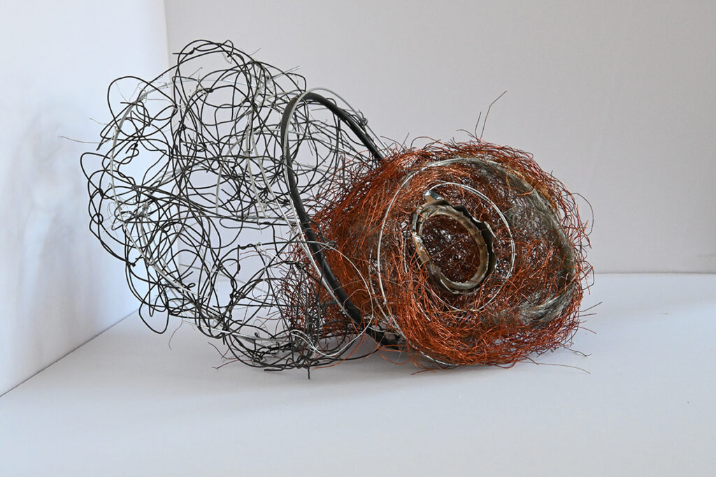 Ann Reichlin&nbsp;• <em>Frozen Motion</em>&nbsp;• Steel and copper wire&nbsp;• 18″×&nbsp;19″×&nbsp;15″&nbsp;• $1,750.00