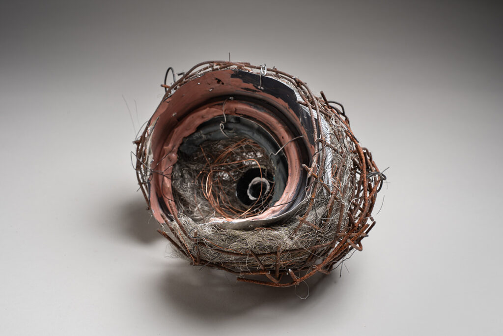 Ann Reichlin&nbsp;• <em>House Geode L</em>&nbsp;• Paint can, copper wire, house paint, house debris&nbsp;• 7″×&nbsp;7″&nbsp;• $800.00