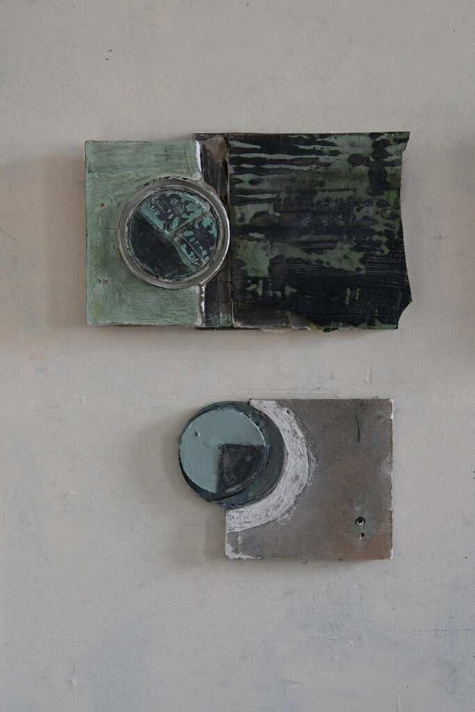 Ann Reichlin&nbsp;• <em>Juxtapose A</em>&nbsp;• Drywall, linoleum, wood, house paint&nbsp;• 13″×&nbsp;18″×&nbsp;1″&nbsp;• $1,200.00