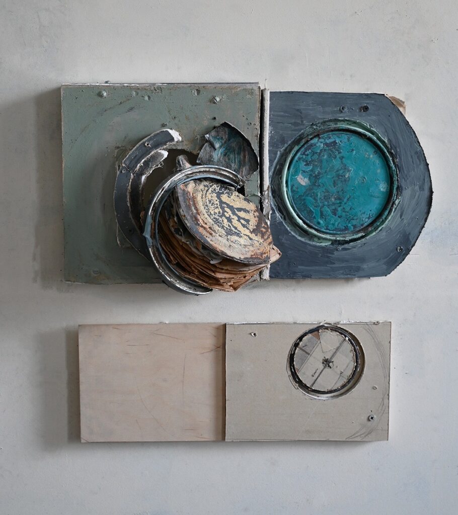 Ann Reichlin&nbsp;• <em>Juxtapose C</em>&nbsp;• Drywall, paint can, house paint,&nbsp;• 21″×&nbsp;20″×&nbsp;6″&nbsp;• $1,200.00