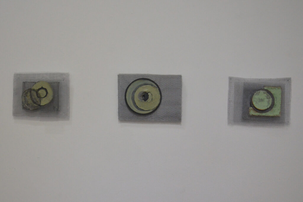 Ann Reichlin&nbsp;• <em>Window Screen Drawings</em>&nbsp;• Window screen, grinding disc, graphite, house paint&nbsp;• 48″×&nbsp;10″&nbsp;• $1,400.00