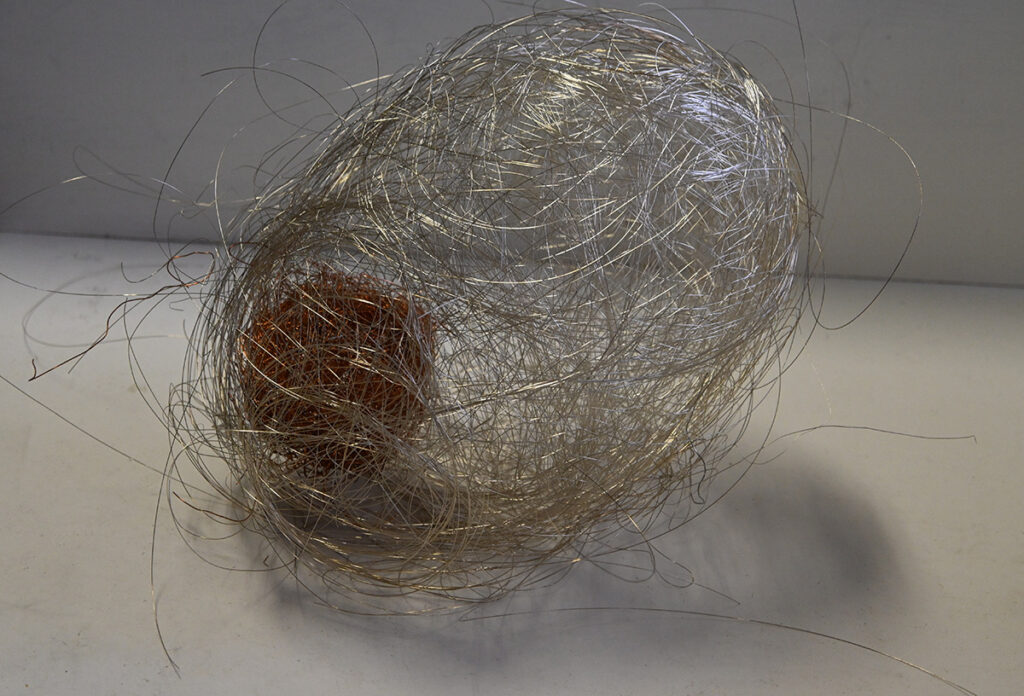 Ann Reichlin&nbsp;• <em>Fragile Motion B</em>&nbsp;• Copper wire&nbsp;• 8″×&nbsp;8″×&nbsp;12″&nbsp;• $500.00