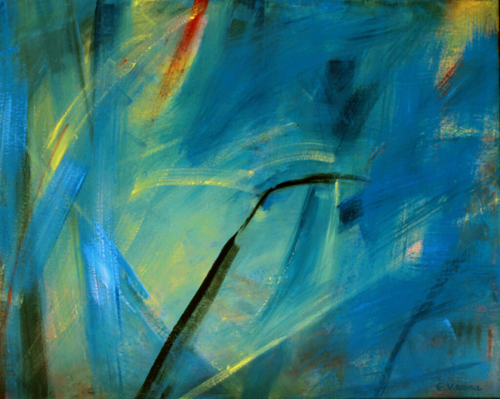 Ethel Vrana&nbsp;• <em>Blue Abstract</em>&nbsp;• Olil on canvas&nbsp;• 20″×&nbsp;16″&nbsp;• $450.00