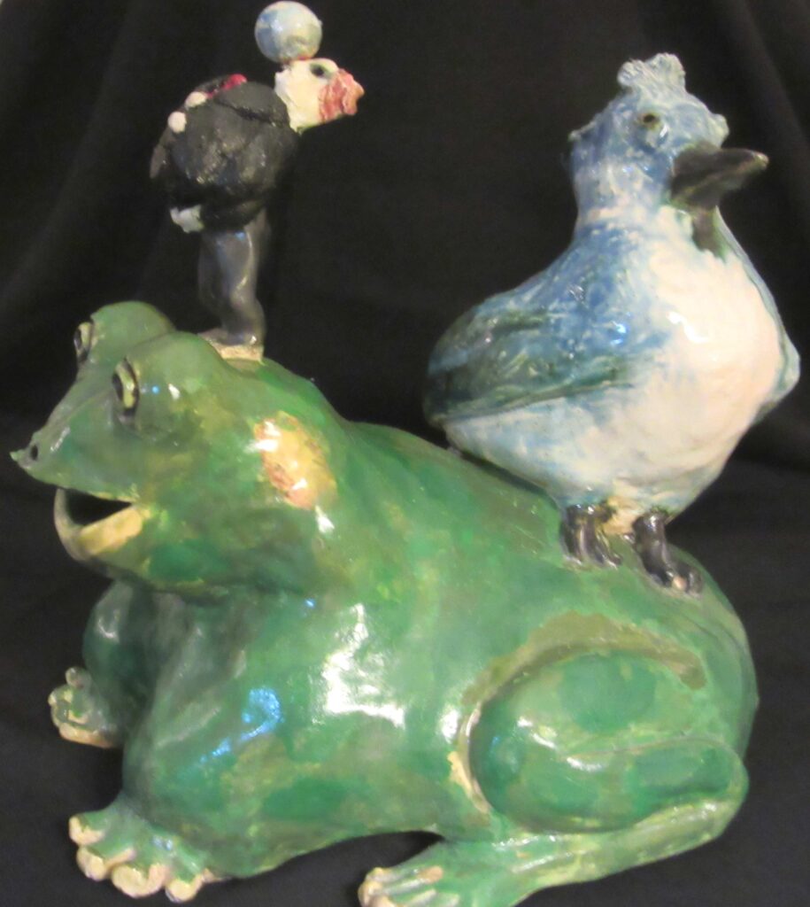 Lisa Lincoln • <em>The World's in the Balance Gains Weight</em> • Kiln fired and air-dried clay, glaze and acrylic paint • 8″× 9″× 8½″ • NFS