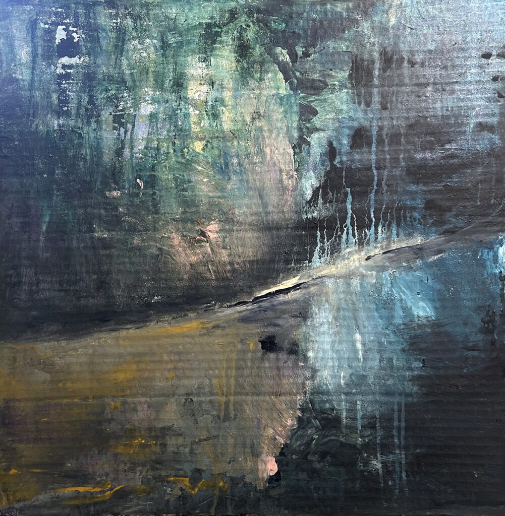 Darcy Binns&nbsp;• <em>Yet Another Rainy April Day</em>&nbsp;• Acrylic on corrugated cardboard, framed&nbsp;• 20¼″×&nbsp;21¼″&nbsp;• $175.00