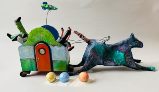 Jane Dennis&nbsp;• <em>Paddy Wagon Golf Cart</em>&nbsp;• Mixed media&nbsp;• 28″×&nbsp;14″×&nbsp;6″&nbsp;• NFS