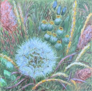 Frances Fawcett&nbsp;• <em>Salsify</em>&nbsp;• Acrylic on canvas&nbsp;• 12″×&nbsp;12″&nbsp;• $300.00