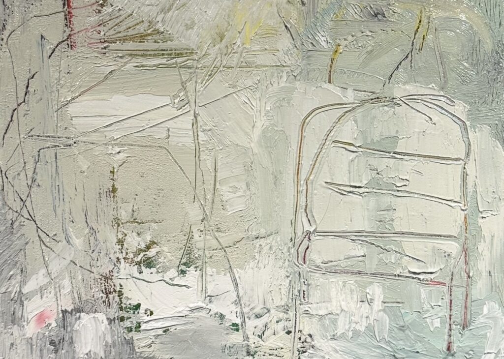 Ileen Kaplan&nbsp;• <em>Chairs in Snow</em>&nbsp;• Oil on canvas&nbsp;• 12″×&nbsp;9″&nbsp;• $425.00