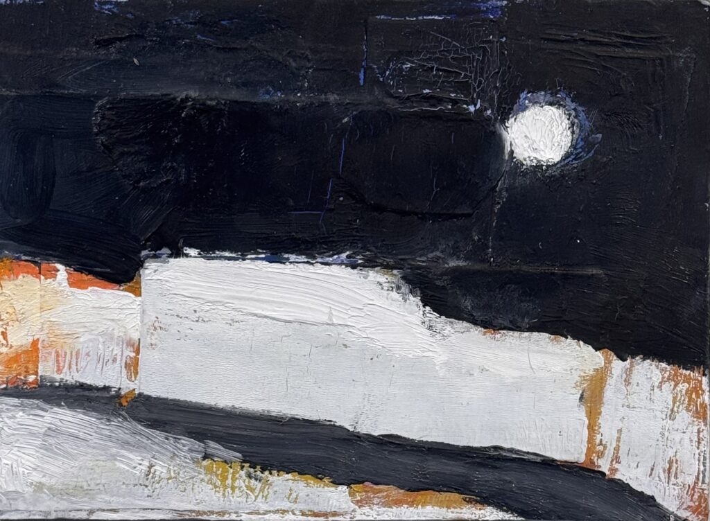 Ileen Kaplan&nbsp;• <em>Moon Over Hills</em>&nbsp;• Oil over collage on panel&nbsp;• 8″×&nbsp;6″&nbsp;• $275.00