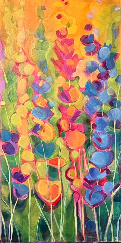 Cindy Kaufman&nbsp;• <em>Floating Petals II</em>&nbsp;• Acrylic on gallery wrapped canvas&nbsp;• 18″×&nbsp;36″&nbsp;• $900.00