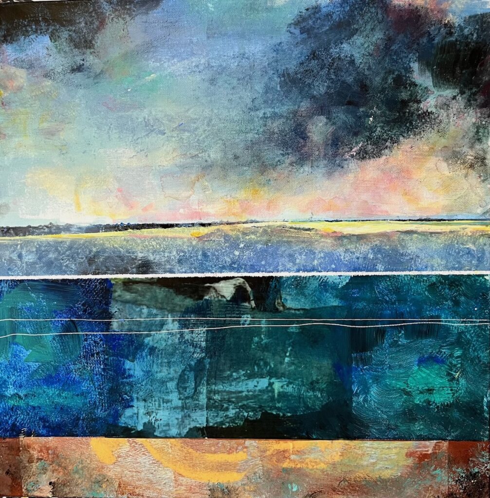Carol Spence&nbsp;• <em>High Tide</em>&nbsp;• Acrylic and collage on canvas&nbsp;• 16″×&nbsp;16″&nbsp;• $400.00