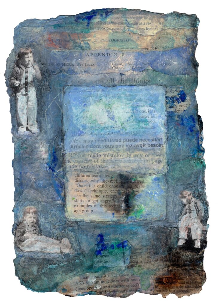 Kathy Morris&nbsp;• <em>Appendix B</em>&nbsp;• Digital print of scanned photo and mixed media&nbsp;• 17″×&nbsp;22″&nbsp;• $195.00