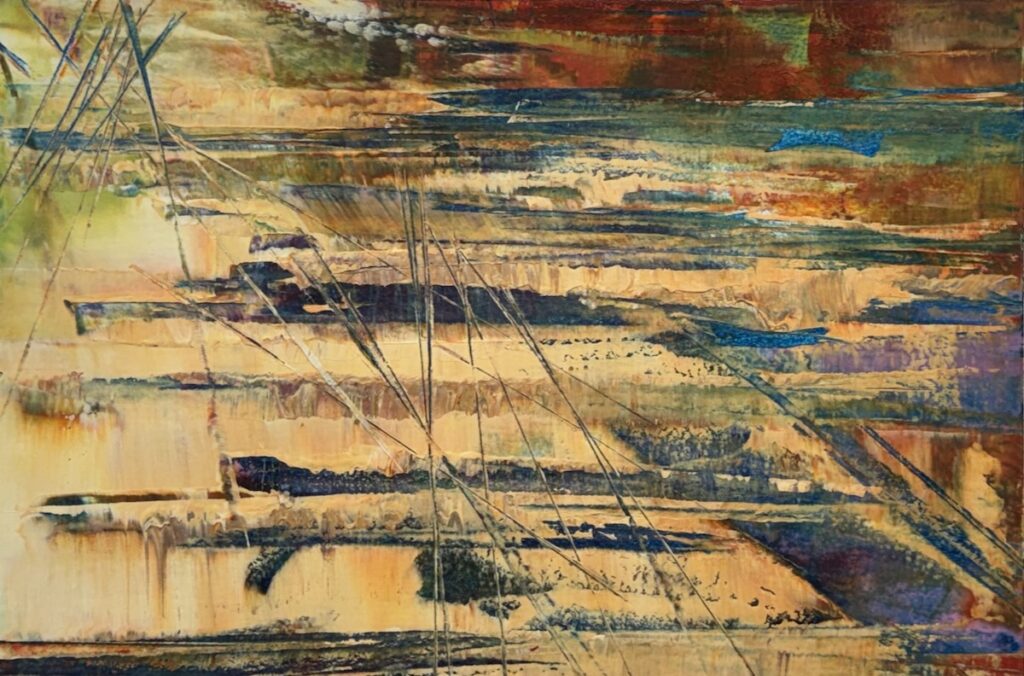 Sheila Danko&nbsp;• <em>Distant Waters</em>&nbsp;• Oil and cold wax on arches huile, matted and framed&nbsp;• 14″×&nbsp;11″&nbsp;• $185.00