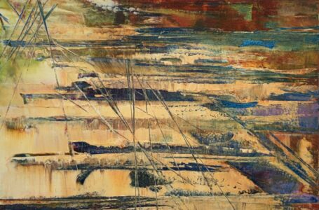 Sheila Danko&nbsp;• <em>Distant Waters</em>&nbsp;• Oil and cold wax on arches huile, matted and framed&nbsp;• 14″×&nbsp;11″&nbsp;• $185.00<a class="purchase" href="https://state-of-the-art-gallery.square.site/product/sheila-danko-distant-waters/QJJJPYHDV46OBDOEP6R6UCE5" target="_blank">Buy</a>