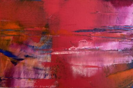 Sheila Danko&nbsp;• <em>Red Sky in Morning</em>&nbsp;• Oil and cold wax on arches huile, matted and framed&nbsp;• 14″×&nbsp;11″&nbsp;• $185.00<a class="purchase" href="https://state-of-the-art-gallery.square.site/product/sheila-danko-red-sky-in-morning/A36URXHRHI4ANW2YMFCJ46IV" target="_blank">Buy</a>