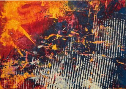 Sheila Danko&nbsp;• <em>Fire and Rain</em>&nbsp;• Oil and cold wax on arches huile, matted and framed&nbsp;• 14″×&nbsp;11″&nbsp;• NFS