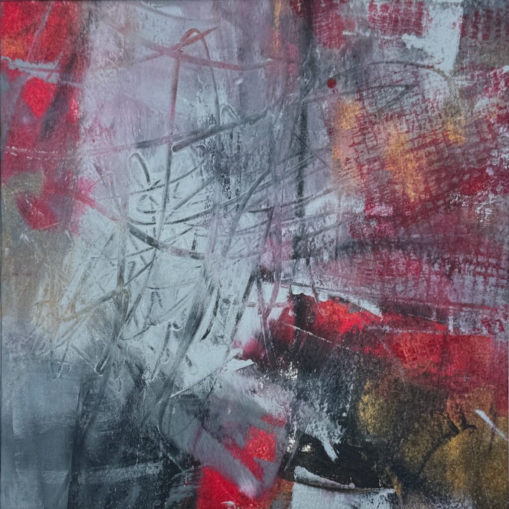 Sheila Danko&nbsp;• <em>Fire & Ice #2</em>&nbsp;• Oil and cold wax on arches huile, matted and framed&nbsp;• 12″×&nbsp;12″&nbsp;• $210.00