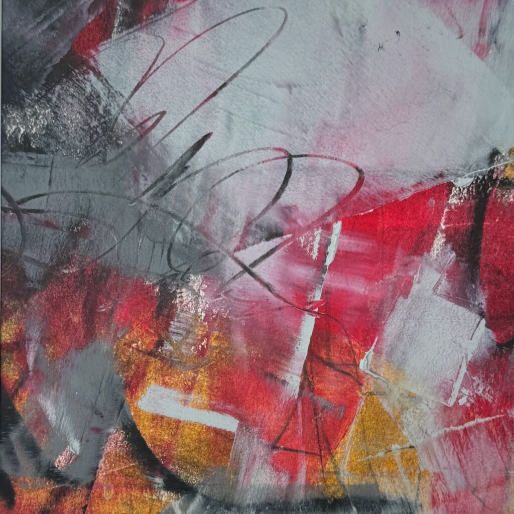 Sheila Danko&nbsp;• <em>Fire & Ice #3</em>&nbsp;• Oil and cold wax on arches huile, matted and framed&nbsp;• 12″×&nbsp;12″&nbsp;• $210.00