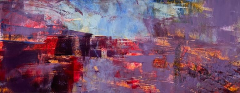 Sheila Danko&nbsp;• <em>Chaos at Twilight</em>&nbsp;• Oil and cold wax on arches huile, framed&nbsp;• 24″×&nbsp;11″&nbsp;• $350.00<a class="purchase" href="https://state-of-the-art-gallery.square.site/product/sheila-danko-chaos-at-twilight/H45VTUFY5J5XWU3NII7LUXOQ" target="_blank">Buy</a>