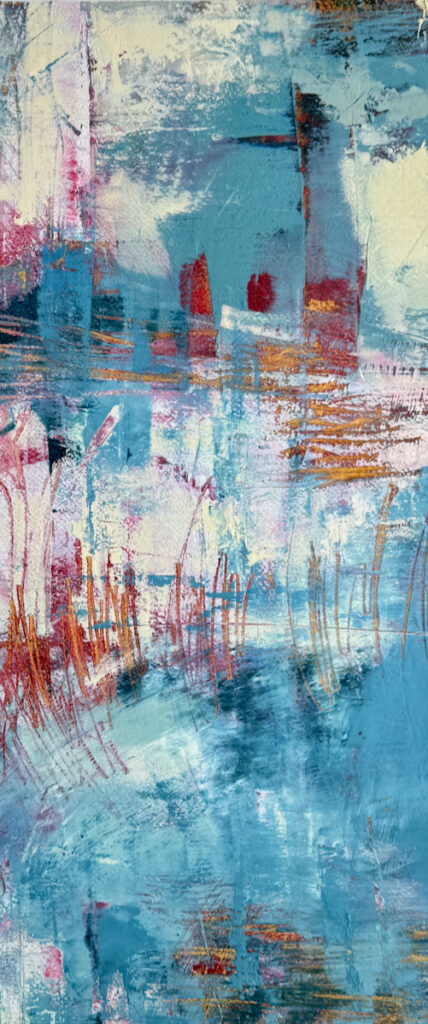 Sheila Danko&nbsp;• <em>Remembering</em>&nbsp;• Oil and cold wax on arches huile, matted and framed&nbsp;• 10″×&nbsp;21″&nbsp;• $350.00