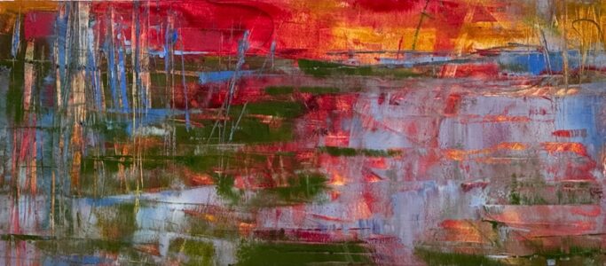 Sheila Danko&nbsp;• <em>Fire Waters</em>&nbsp;• Oil and cold wax on arches huile, framed&nbsp;• 24″×&nbsp;11″&nbsp;• $350.00<a class="purchase" href="https://state-of-the-art-gallery.square.site/product/sheila-danko-fire-waters/IGQLND5K7OWJIPCEUXIJRXWR" target="_blank">Buy</a>