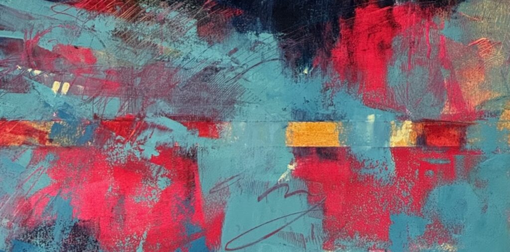 Sheila Danko&nbsp;• <em>Ignite</em>&nbsp;• Oil and cold wax on arches huile, framed&nbsp;• 21″×&nbsp;10″&nbsp;• $350.00