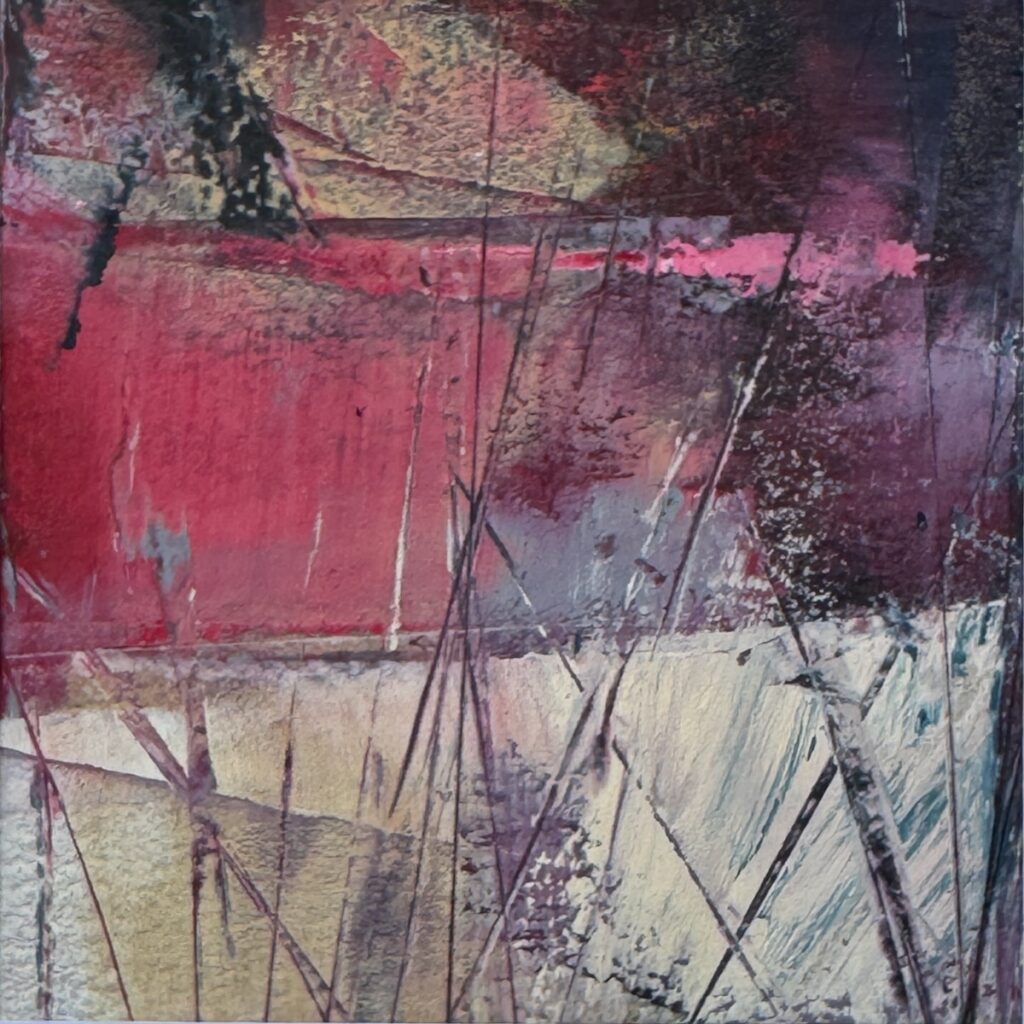 Sheila Danko&nbsp;• <em>Emergence #1</em>&nbsp;• Oil and cold wax on arches huile, matted and framed&nbsp;• 8″×&nbsp;8″&nbsp;• $110.00