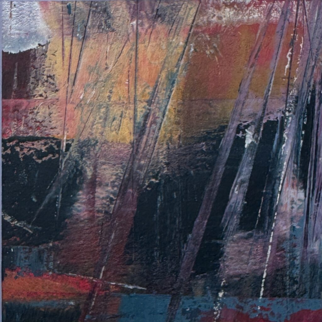 Sheila Danko&nbsp;• <em>Emergence #2</em>&nbsp;• Oil and cold wax on arches huile, matted and framed&nbsp;• 8″×&nbsp;8″&nbsp;• $110.00