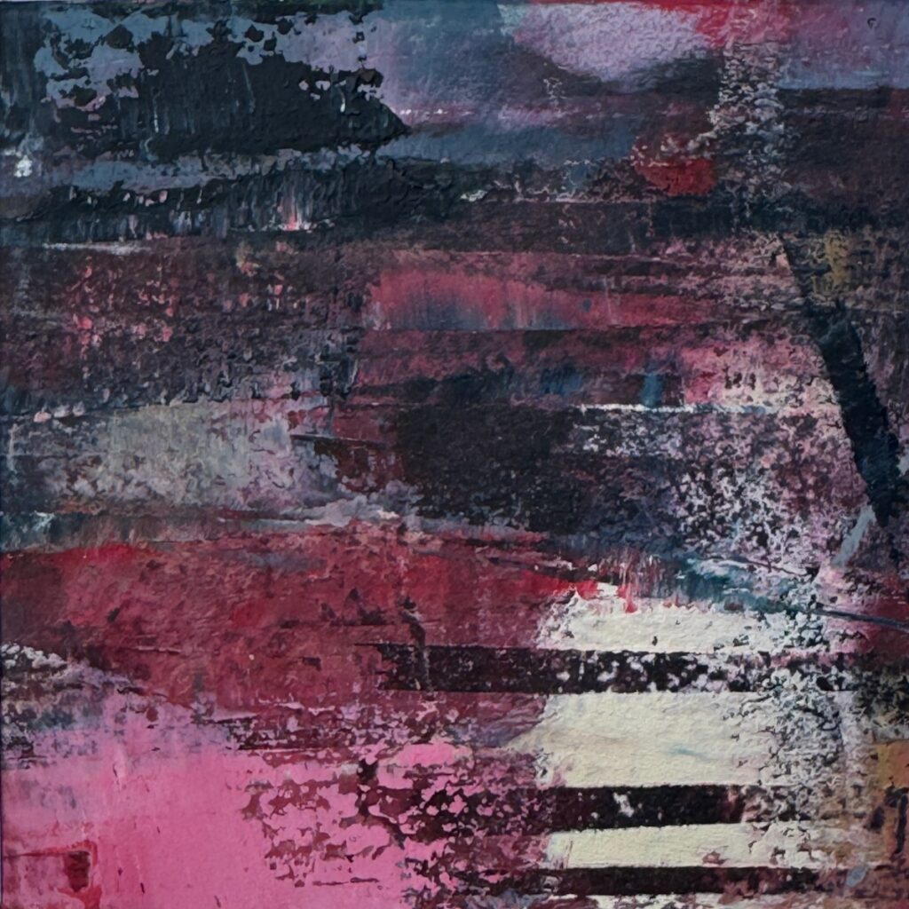 Sheila Danko&nbsp;• <em>Emergence #3</em>&nbsp;• Oil and cold wax on arches huile, matted and framed&nbsp;• 8″×&nbsp;8″&nbsp;• $110.00