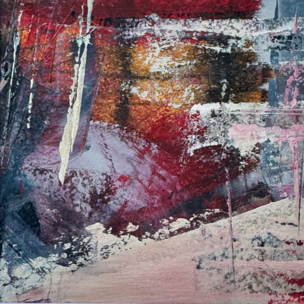 Sheila Danko&nbsp;• <em>Emergence #4</em>&nbsp;• Oil and cold wax on arches huile, matted and framed&nbsp;• 8″×&nbsp;8″&nbsp;• $110.00