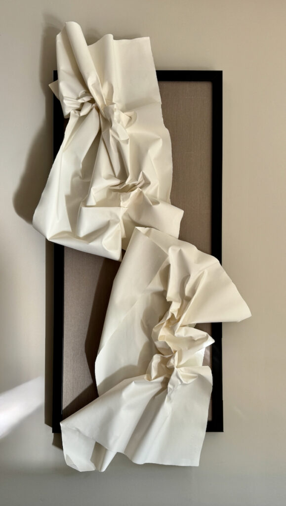 Sheila Danko&nbsp;• <em>Paper Dancers: Better Together</em>&nbsp;• Arches watercolor paper hand molded, silk mat and framed&nbsp;• 25″×&nbsp;47″&nbsp;• $285.00