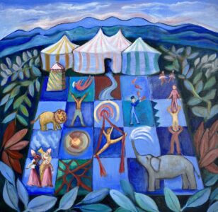 Jane Dennis&nbsp;• <em>Blue Circus</em>&nbsp;• Acrylic&nbsp;• 24″×&nbsp;24″&nbsp;• $800.00