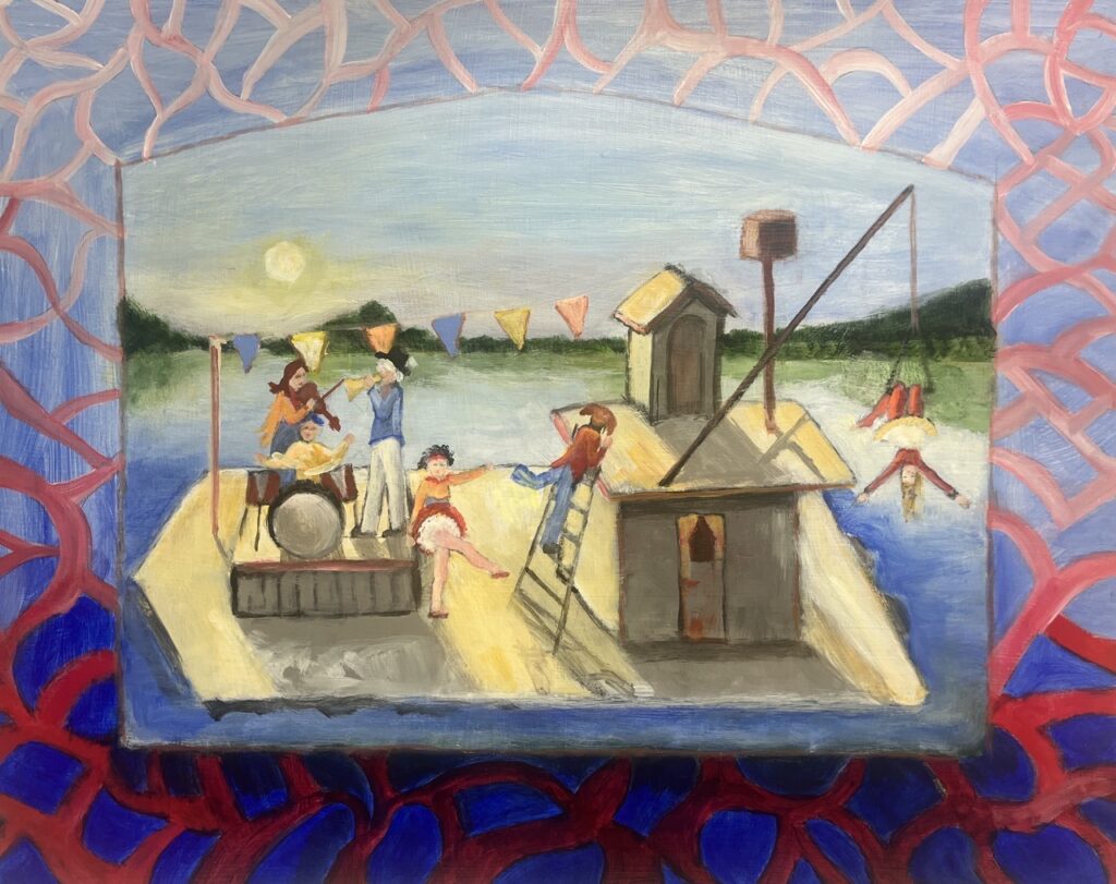 Jane Dennis&nbsp;• <em>Boat Circus</em>&nbsp;• Acrylic&nbsp;• 20″×&nbsp;16″&nbsp;• $700.00