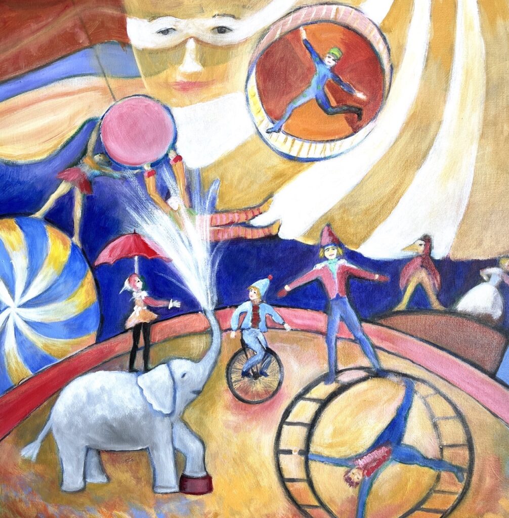 Jane Dennis&nbsp;• <em>Circus Sketchbook</em>&nbsp;• Acrylic&nbsp;• 24″×&nbsp;24″&nbsp;• $800.00