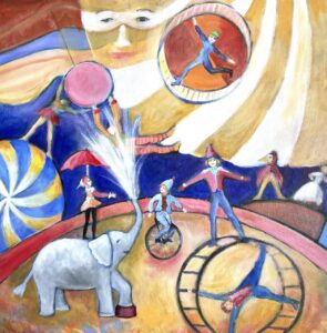 Jane Dennis&nbsp;• <em>Circus Sketchbook</em>&nbsp;• Acrylic&nbsp;• 24″×&nbsp;24″&nbsp;• $800.00